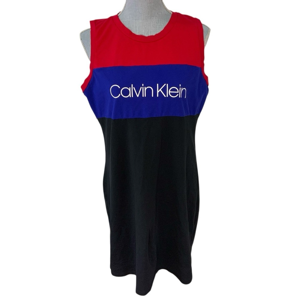 CALVIN KLEIN Size Large Crew Neck Sleeveless Red Blue Black Logo T-shirt Dress